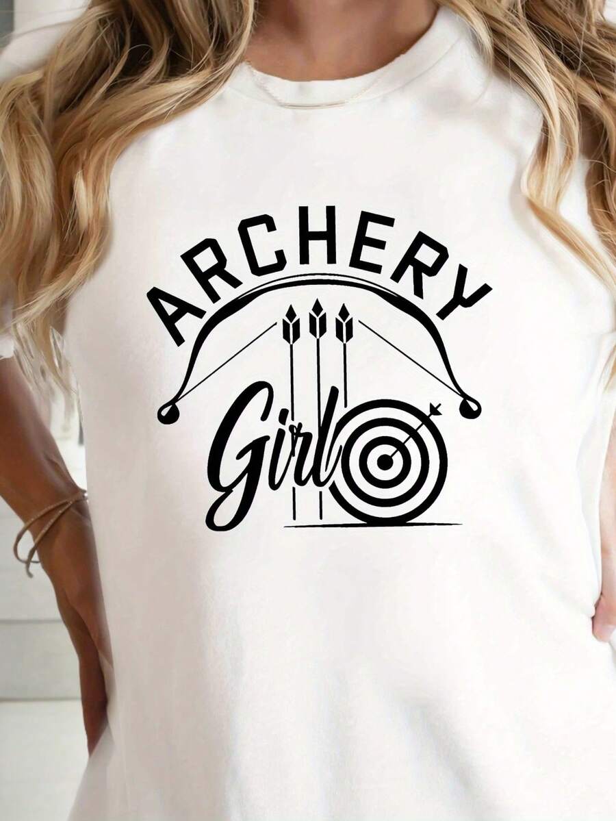 Camiseta Casual para Mujer con Estampado de Tiro con Arco - Camiseta de Manga Corta y Cuello Redondo con Estampado de "ARCHERY" y Arco Curvo, Tela de Elasticidad Media Lavable a Máquina, Ajuste Cómodo para Todas las Temporadas, Ropa de Ocio, Estilo Aventurero, Material No Transparente, 100% Algodón, Duradera - Blanco - Ver 1