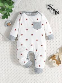 3pcs/Set Baju Terusan Bayi Laki-laki Kasual Nyaman Musim Semi Musim Gugur Baru Motif Bintang Garis Tipis Lengan Panjang - Merah - View 9