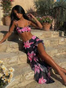 Conjunto de bikini y vestido de playa elegante y sexy con estampado floral y espalda descubierta con flores 3D, para primavera/verano y vacaciones - Flor de rosa negra - Ver 1
