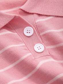 Blusa de punto de manga corta con contraste de rayas, casual de negocios - Rosa Pálido - Ver 7