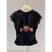 Camiseta de manga corta para mujer, estilo coreano, de algodón, con encaje, plisada, ajustada, blanca, con diseño creativo y cuello redondo, Verano 2025 - Papas fritas blancas [con hamburguesa de ] - Ver 9