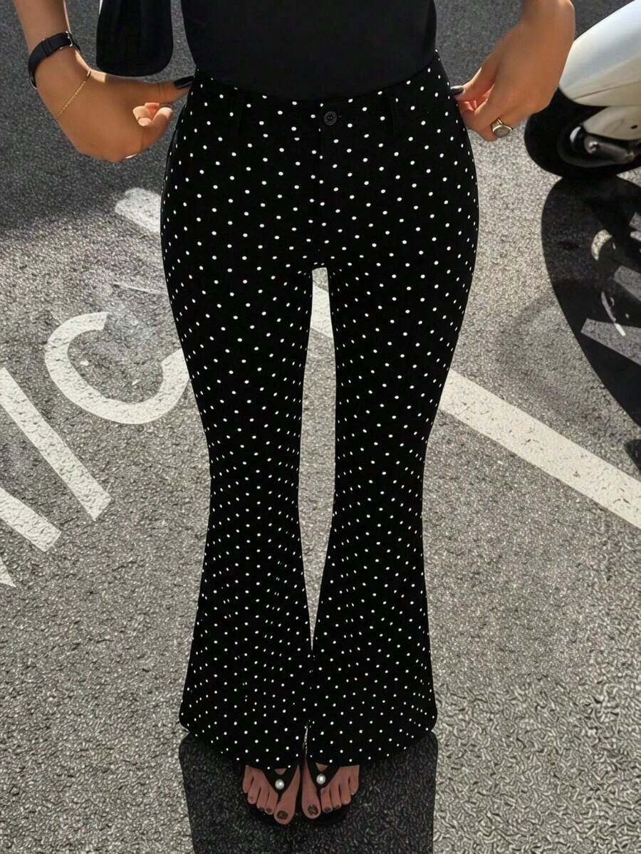 Pantalones negros acampanados casuales de ajuste ceñido con botones delanteros de unicolor para mujer - Negro - Ver 1