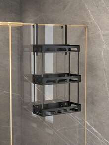 Large Capacity Black Metal Shower Caddy, Shower Door Hanging Storage Rack, Rust-Proof Polished Surface, Wall-Mounted Bathroom Organizer, Suitable For Storing Shower Essentials, Bathroom Shower Shelf, Bathroom Storage And Organization - Black - View 5