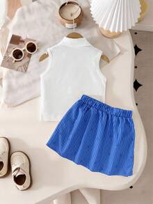 Girls' V-Neck Ribbed Knit Tank Top + Striped Butterfly Print Skirt 2Pcs Set, Suitable For Daily Wear, Outdoor Activities And Events, Spring/Summer - Royal Blue - View 2