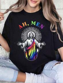Camiseta Retro LGBTQ, Camiseta Arcoíris Ah Men, Camiseta con Cuello Redondo Gay Jesus, Regalo de Orgullo Cristiano LGBTQ, Camiseta Divertida de Apoyo LGBTQ, Camiseta de Igualdad, Camisetas Oversize 100% Algodón para Mujer, Camisetas Casuales Estampadas de Manga Corta con Cuello Redondo para Mujer, 1 Camiseta de Moda - Negro - Ver 6