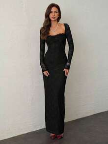 Vestido negro ajustado hasta el suelo con cuello corsé ahuecado y mangas largas con encaje en forma de S sexy para mujer para fiestas, citas y banquetes de otoño/invierno nuevo - Negro - Ver 1