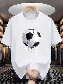 Camisa Casual de Verano con Estampado de "Fútbol", Moda Masculina Casual con Cuello Redondo y Mangas Cortas, Adecuada para Ocasiones Cotidianas. - Negro - Ver 6