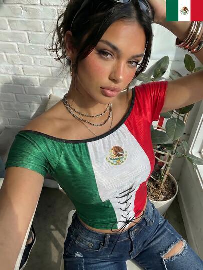 Damen Casual Mexikanisches Mesh Asymmetrischer Ausschnitt Kreuz Vorderseite Figurbetontes T-Shirt, geeignet für Straßenmode, Frühling/Sommer Top, Damen Sommerkleidung, Fußball-Weltmeisterschaft