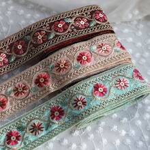 1/5"復古花卉亮片刺繡裝飾緞帶，適用於衣物、配件、包包、帽子、窗簾及手工藝裝飾蕾絲飾邊 - 多色C - 查看 1