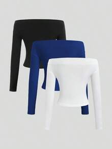 Conjunto de 3 piezas para mujer: Blusa de manga larga hombros descubiertos, blusas cortas entalladas, cómodas y amigables con la piel, versátil y estilizador - Multicolor 17 - Ver 2