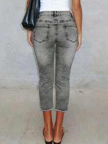 Jeans pitillo de tiro 3/4 desgastados de lavado claro para mujer, pantalones lápiz elásticos para uso casual y de viaje en verano - Gris Claro - Ver 5