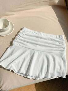 Minifalda acampanada fruncida con estampado de lunares para el verano - Blanco - Ver 2