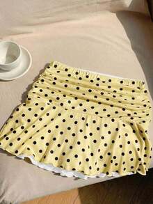 Minifalda acampanada fruncida con estampado de lunares para el verano - amarillo ganso - Ver 2