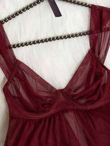 Conjunto de lencería sexy con copa fina y aros de mujer - Burdeos - Ver 4