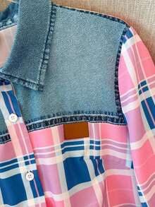 Camisa de efecto de mezclilla de parchwork casual para mujer, otoño/invierno - Blanco - Ver 4
