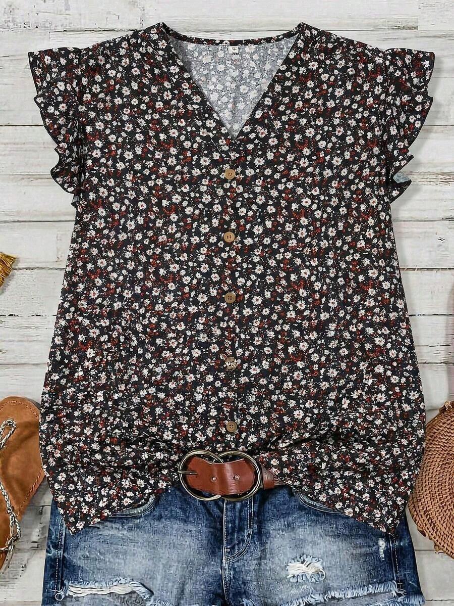 Clasi Blusa de mujer de verano con cuello en V y mangas cortas con estampado floral - Negro - Ver 1