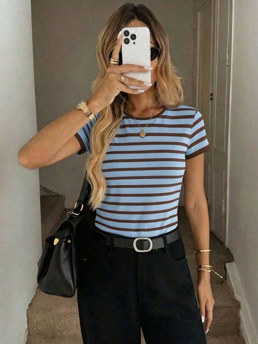 Camiseta de manga corta ajustada de cuello redondo minimalista casual para mujer, adecuada para primavera/verano - Multicolor 7 - Ver 1