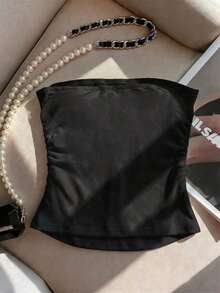 Nuevo top bandeau ajustado y sexy con adornos de strass, adecuado para uso diario, fiestas y citas - Negro - Ver 2