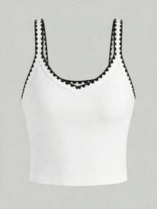 Camiseta de tirantes casual de mujer con estampado de rayas y ribete, adecuada para vacaciones de verano y uso diario - Blanco - Ver 3