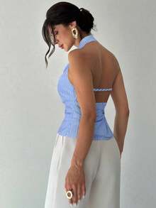 Camisa elegante de oficina para mujer, blusa negra ajustada con cuello asimétrico, sin mangas, halter, espalda descubierta, decoración de botones ajustables, ropa de primavera/verano, elegante, sexy - Multicolor - Ver 9