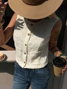 Chaqueta ajustada sin mangas de cuello redondo de unicolor para mujer, primavera/verano - Albaricoque 3 - Ver 5