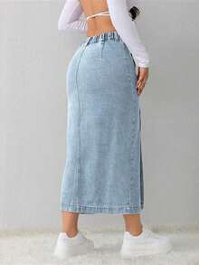 Tall Falda vaquera de mujer, casual, suelta, con abertura lateral, falda midi azul, falda larga para mujeres, falda azul claro, falda azul, ropa de invierno para mujer - Lavado ligero 2 - Ver 2