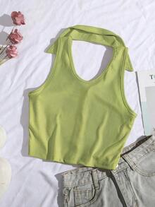 Blusa sin mangas con cuello polo y escote en V para mujer, de estilo casual y chic para la calle, en color marrón - Verde - Ver 2