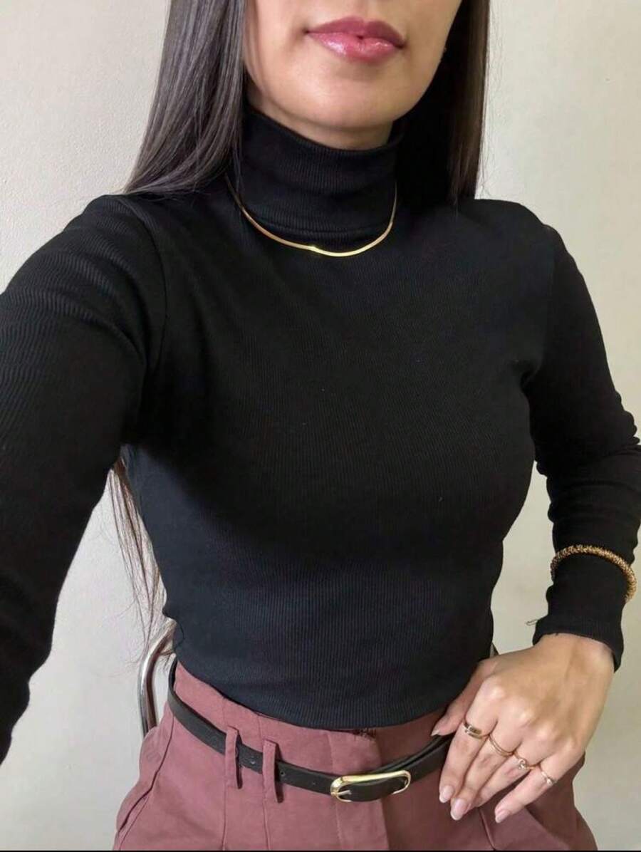 Women's Plush Ribbed Blouse Long Sleeve High Neck Basic Casual Modern Thermic Black S,M,L,XL - 黑色 - 查看 1