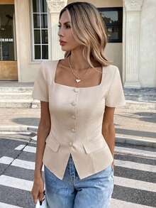 Camisa de unicolor sin mangas con cuello, top de estilo vintage retro para oficina - Albaricoque - Ver 6