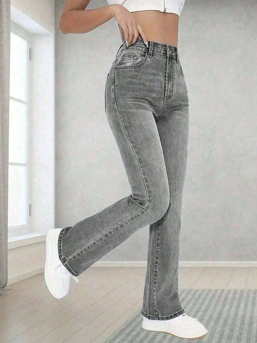 Jeans de campana clásicos y versátiles, cómodos y elásticos para adolescentes - Gris - Ver 1