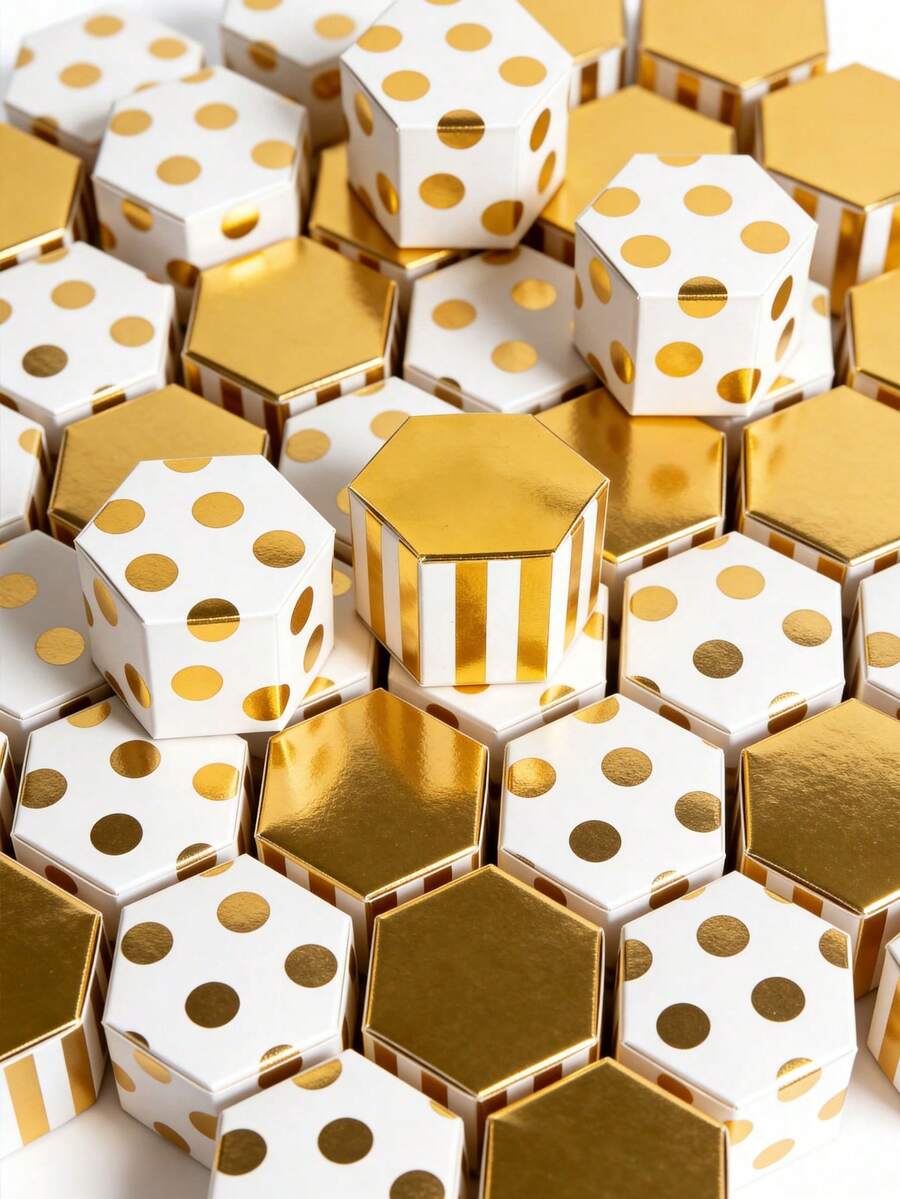 10个装豪华烫金六边形迷你礼盒，可装1块巧克力或小饰品，波点/条纹设计，高端烫金工艺，可折叠白色纸板盒，无需胶水，适用于婚礼、订婚、生日、新生儿派对、节日、公司活动、甜品桌装饰等场合。