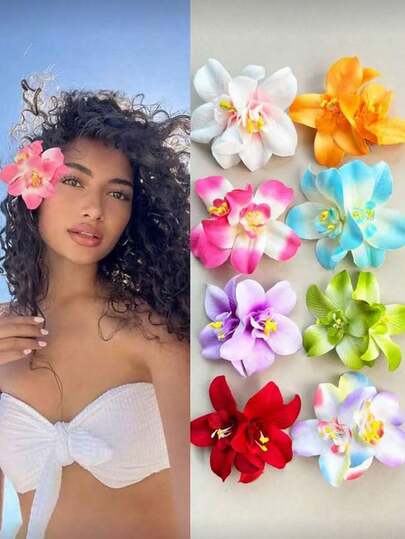 6pcs/1pc Women Beach Flower Hair Clips, White, Pink, Yellow, Red, Blue Tie Dye Faux Floral Barrettes, Fashionable Versatile Elegant Minimalist Solid Color Hair Accessories Suitable For Daily, Casual, Party, Beach, Vacation, Ponytail, Bun, Washing Face, Makeup, Outfit Matching