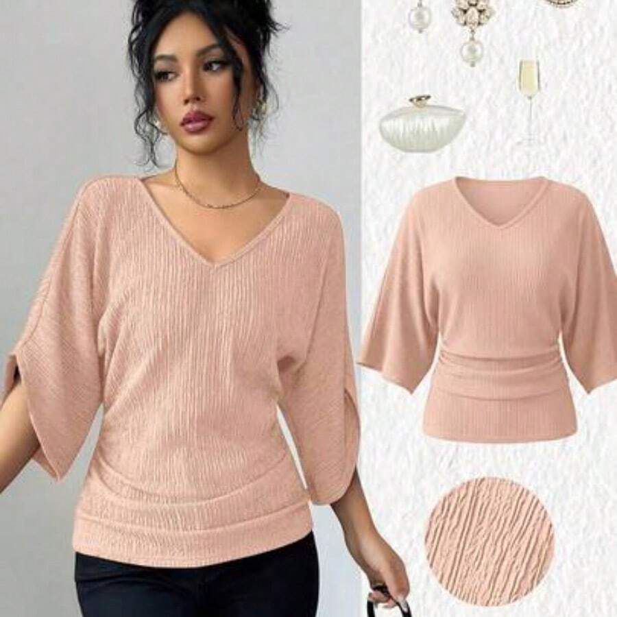 Women's Coffee Brown Textured Fabric V-Neck Loose Waist Ruched Design Elegant Classy Birthday Gift Date Party Teacher's Day Independence Day Double 11 Shopping Festival Back To School Single's Party Holiday Christmas Eve Thanksgiving Halloween Christmas Carnival Diwali New Year Travel Vacation Streetwear - Rosa - Ver 1
