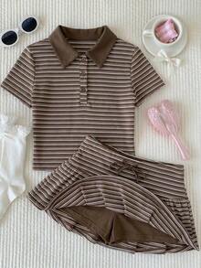 Conjunto de 2 piezas de camiseta de manga corta a rayas y minifalda de moda casual para mujer, primavera/verano 2026.Ropa de mujer de verano, conjunto de playa para el Día de San Valentín, estilo Y2K en color rosa claro - Marrón - Ver 7