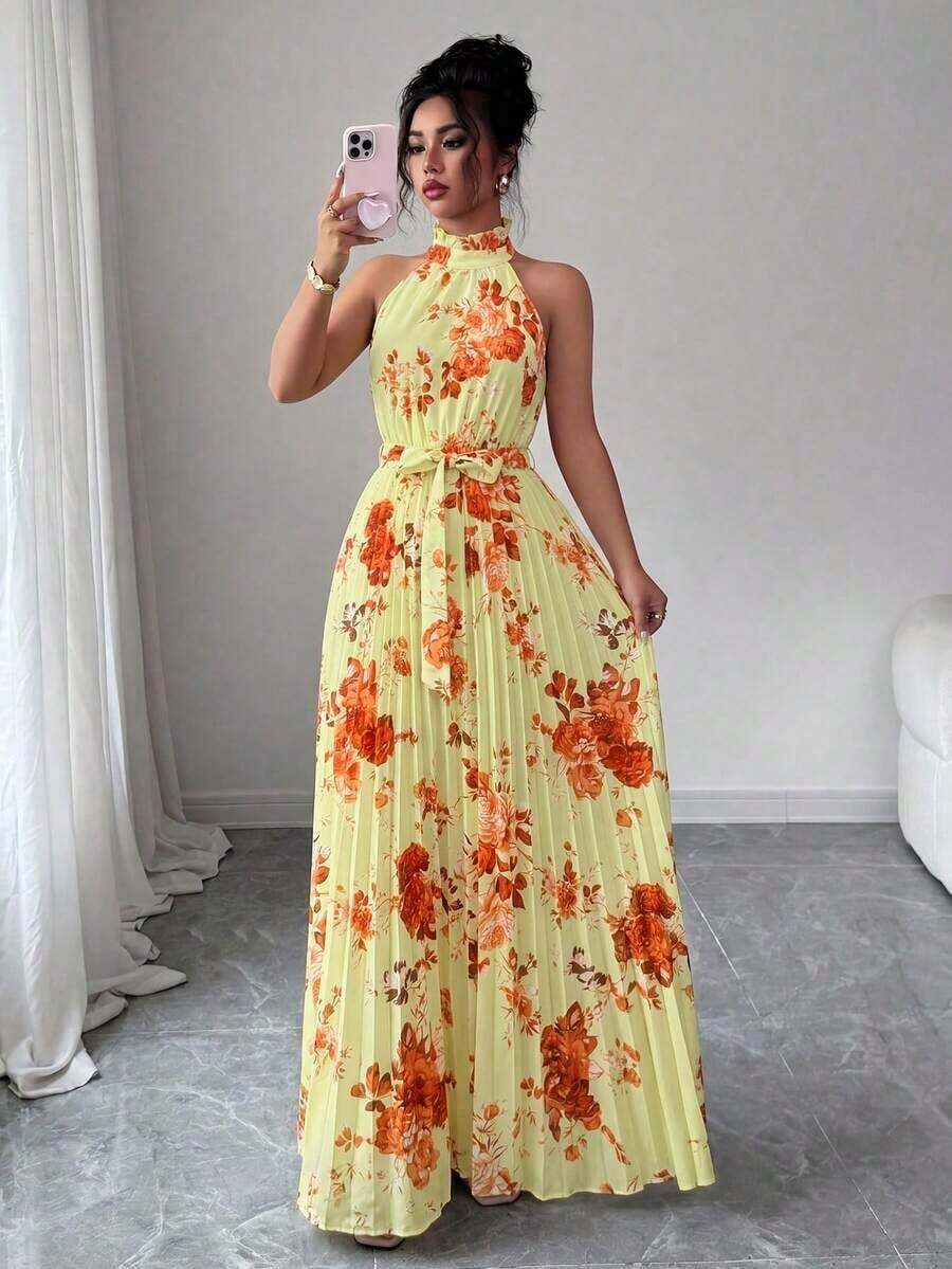 Vestido elegante y romántico sin mangas con cuello en V y bajo acampanado con estampado, multicolor, para mujeres - Multicolor 3 - Ver 1