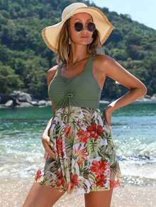 Swim Vcay Conjunto de tankini de verano para maternidad con dibujos tropicales contrastantes y cordón ajustable - Multicolor - Ver 5