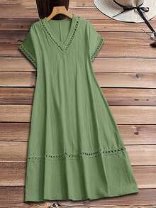Vestido casual holgado de unicolor con cuello en V y mangas cortas para mujer de talla grande - Dark Gold - Ver 2