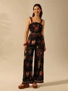 Mono negro casual de vacaciones de verano para mujer con diseños estampados bohemios de leopardo tropical, caparazón de tortuga de bambú, ojo del diablo, serpiente y pájaro, con bolsillos grandes y tirantes - Multicolor - Ver 6