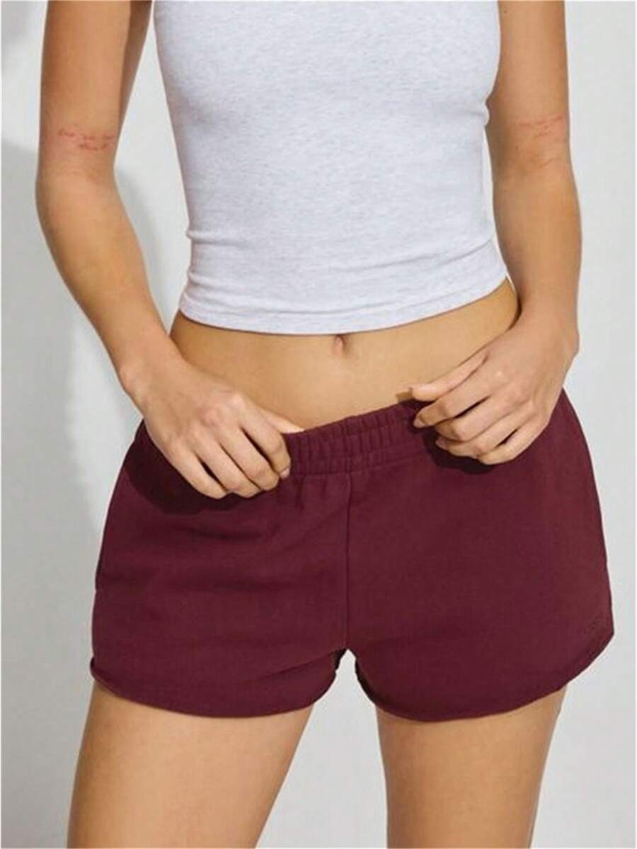 Pantalones cortos de yoga casuales de verano para mujer, color liso, cintura elástica, estilo jogger holgado. - Rojo - Ver 1
