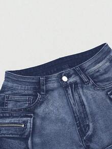 Grunge Punk Conjuntos de verano para mujer: shorts mini de tiro bajo de mezclilla desgastada, estilo de calle punk - Azul - Ver 4
