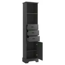 Meuble de salle de bain de 38 x 26 x 172,5 cm de hauteur, entièrement laqué pour une résistance à l'humidité, trois tiroirs + double étagère ouverte + portes d'armoire, étagères réglables, noir. - Noir - Voir 7