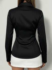 Camisa de manga larga con cuello y botones, de corte slim, de primavera/otoño para mujer, de moda minimalista, elegante y casual, esencial para deportes - Negro - Ver 4