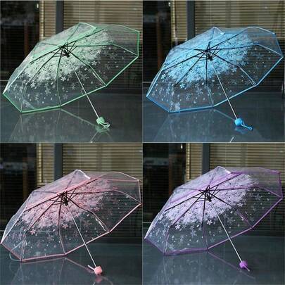 1pc Fresh Transparent Folding Umbrella, Automatic, Large Size, Thick, Suitable For Men And Women