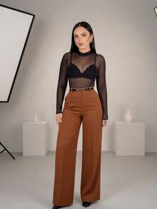 Women's Tailored Wide-Leg Trousers With Belt For Winter/Summer - 焦糖- - 查看 1