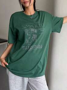 Oversized T-Shirt With Slogan Print: " The Future, Simplicity, Let Love Shine, Encourage My Life, It Is Full Of Happiness, Seize The Day" - 深綠色 - 查看 3