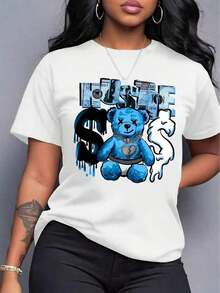 1 Piece Casual Fashion For Men And Women Spring Clothes Women Light Blue Bear Pattern Printed T-Shirt - Short Sleeve Round Neck Casual Top With Effort Slogan And Dollar Sign Design, Machine Washable Suitable For All Seasons, Comfortable Loose Fit And Comfortable Summer Versatile Style, Easy To Match, Suitable For Daily Wear, Urban Style, Holiday Outfits, Weekend Outfits. - 白色 - 查看 6