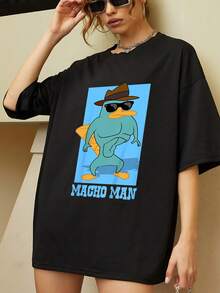Cartoon Duck Wearing Sunglasses And A Hat, Exuding Confidence And Humor With The Phrase "Macho Man," Highlighting A Fun Spirit And Ideal For Women With Attitude. A Comfortable And Modern Casual Women's T-Shirt For Everyday Wear. - 黑色 - 查看 1