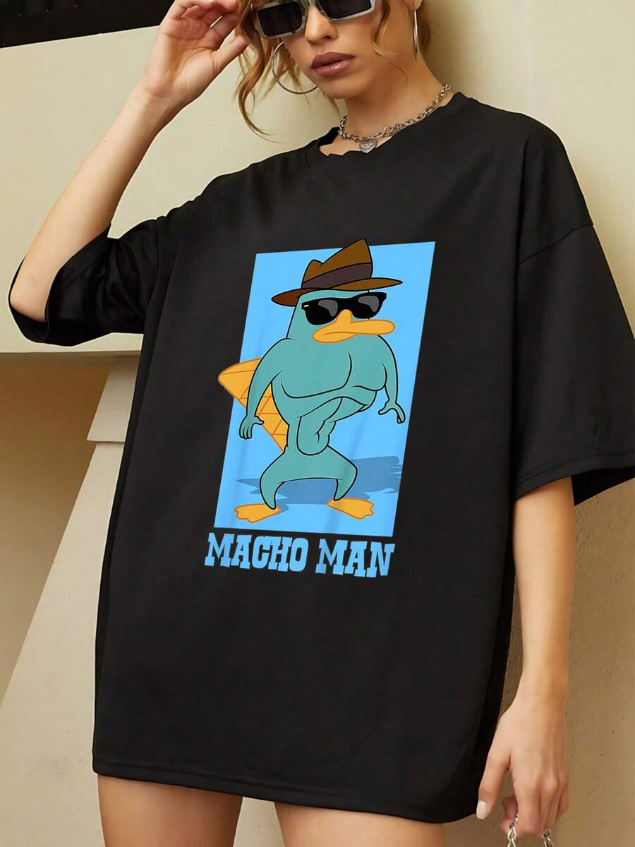 Cartoon Duck Wearing Sunglasses And A Hat, Exuding Confidence And Humor With The Phrase "Macho Man," Highlighting A Fun Spirit And Ideal For Women With Attitude. A Comfortable And Modern Casual Women's T-Shirt For Everyday Wear. - 黑色 - 查看 1