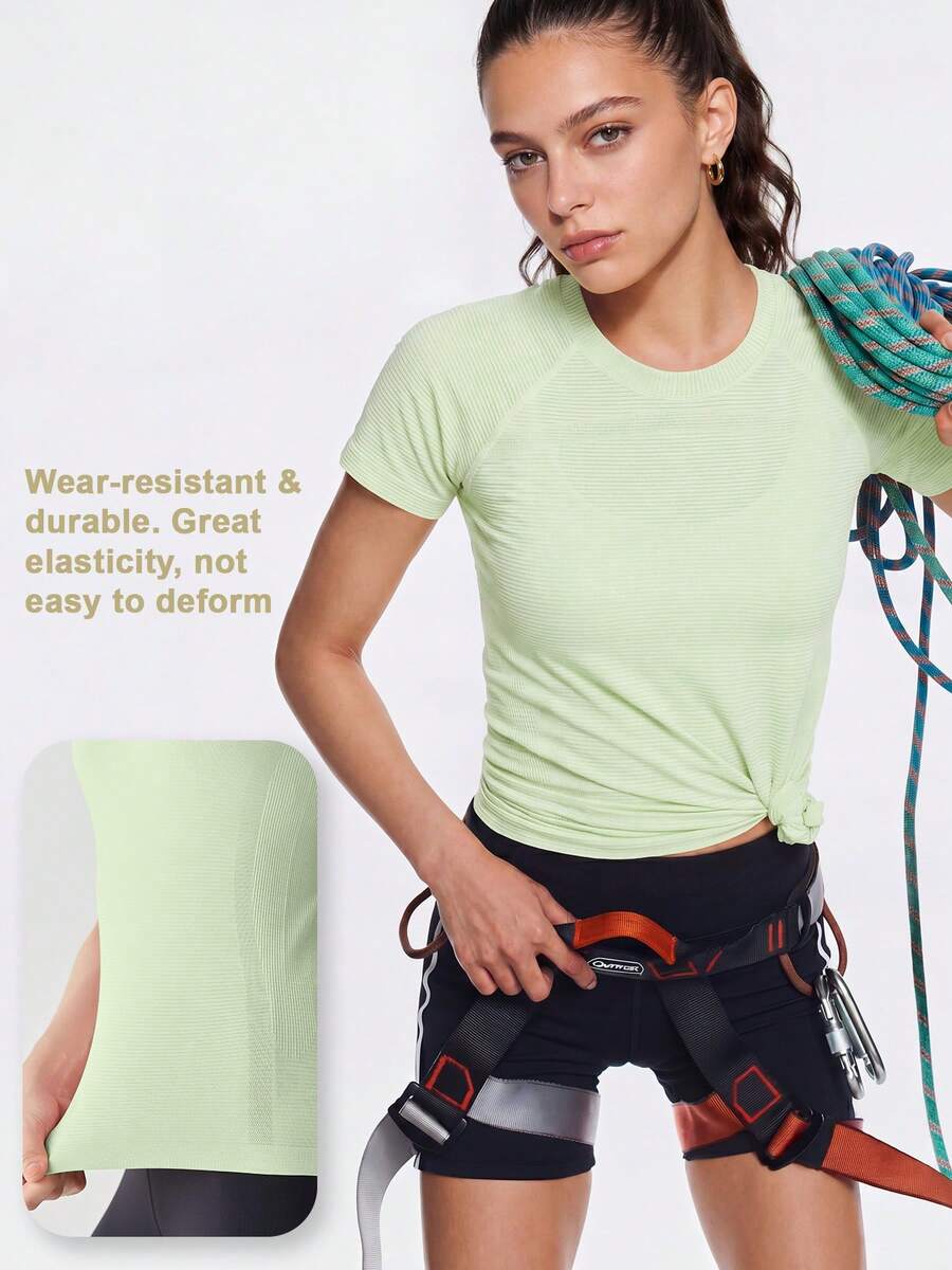 Leorrey 1pc Women's Fashionable Elastic Mesh Soft Comfortable Sports T-Shirt - Green - View 1