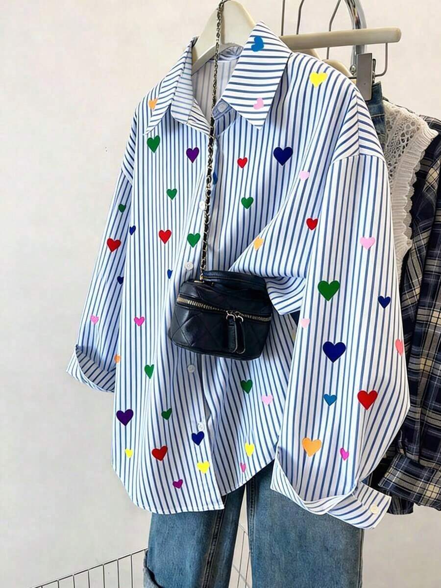 Blusa de mujer, estampado de rayas de fresa, diseño fresco y ligero, camisa estilo Ins, blusas de mujer holgadas de manga larga casual de doble uso, regalo para la mejor amiga y la novia, otoño/invierno, graduación, maestras, vuelta al cole - Multicolor 2 - Ver 1
